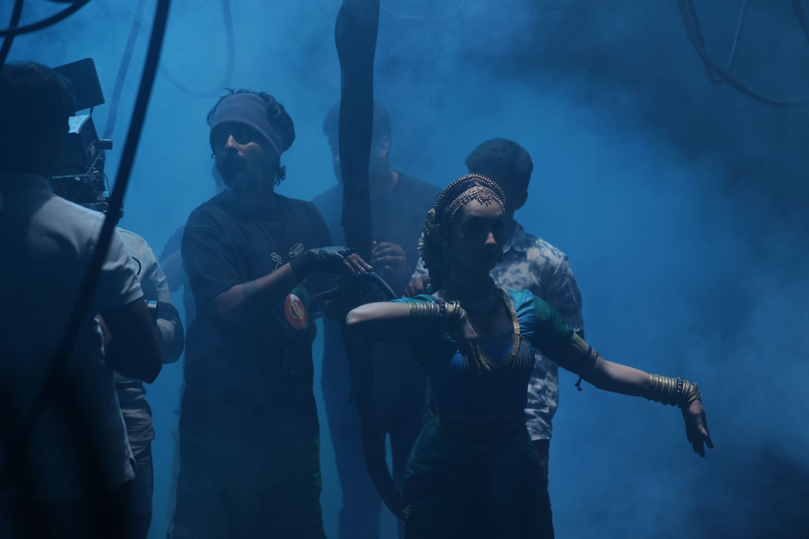 Behind the scenes — cinematic blue smoke on set